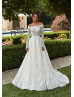 Off Shoulder Ivory Eyelash Lace Tulle Romantic Wedding Dress